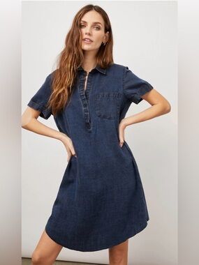 Rails Valerie Raw Hem Dark Wash Denim Dress Short Sleeve Collared Size XS